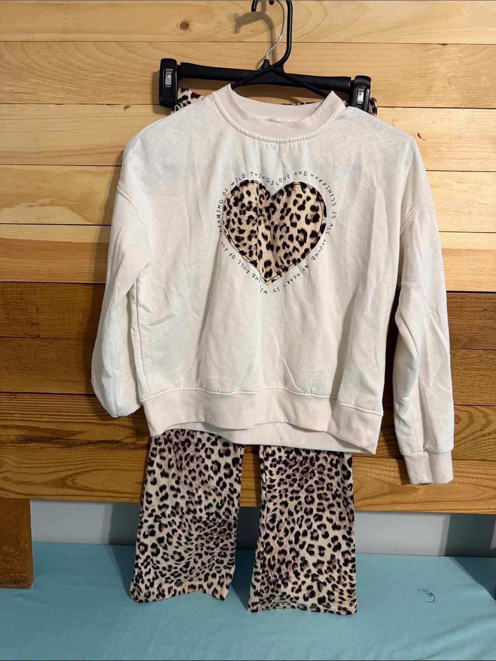 Girls Cream Leopard Heart Set - Matching Top & Pants